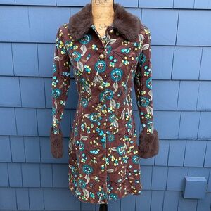 Vintage Sookie des L.A. Floral Brown Coat with Faux Fur Trim velvet